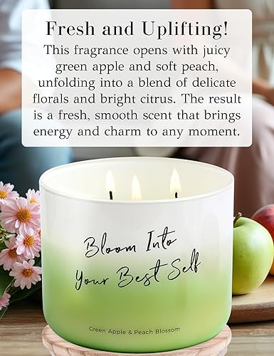 Miniatura 2 de Vela perfumada Green Apple Peach Blossom – Vela de soja grande de 3 mechas de 15.8 onzas – Aroma floral afrutado – Vela de aromaterapia relajante