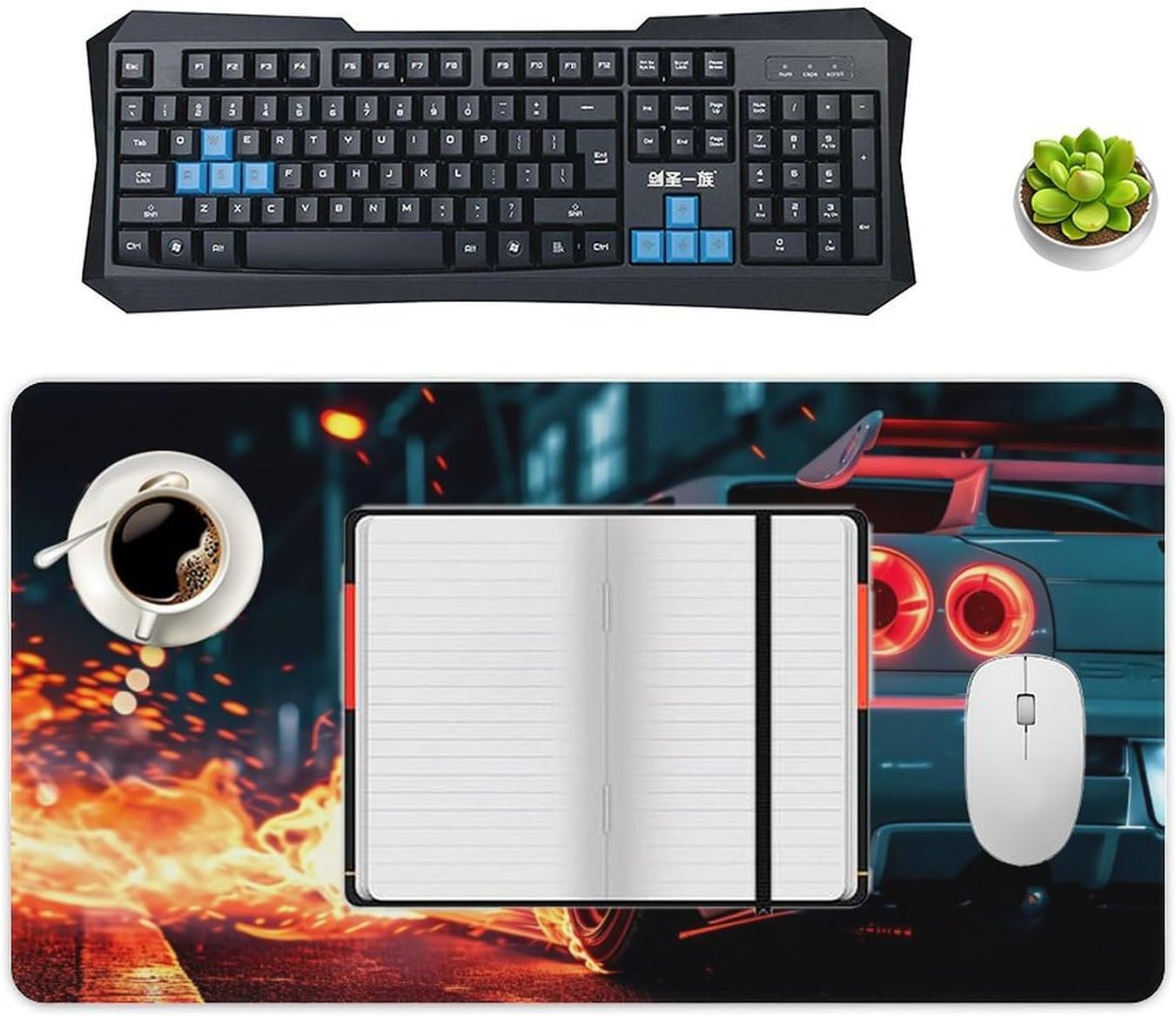 White Classic JDM Car R32 Tire Flames Large Mouse Pad Desk Mat Computer Accessories Gaming Office Organizers Supplies Decor Essentials Keyboard Pads for Desk Rubber 40X75cm