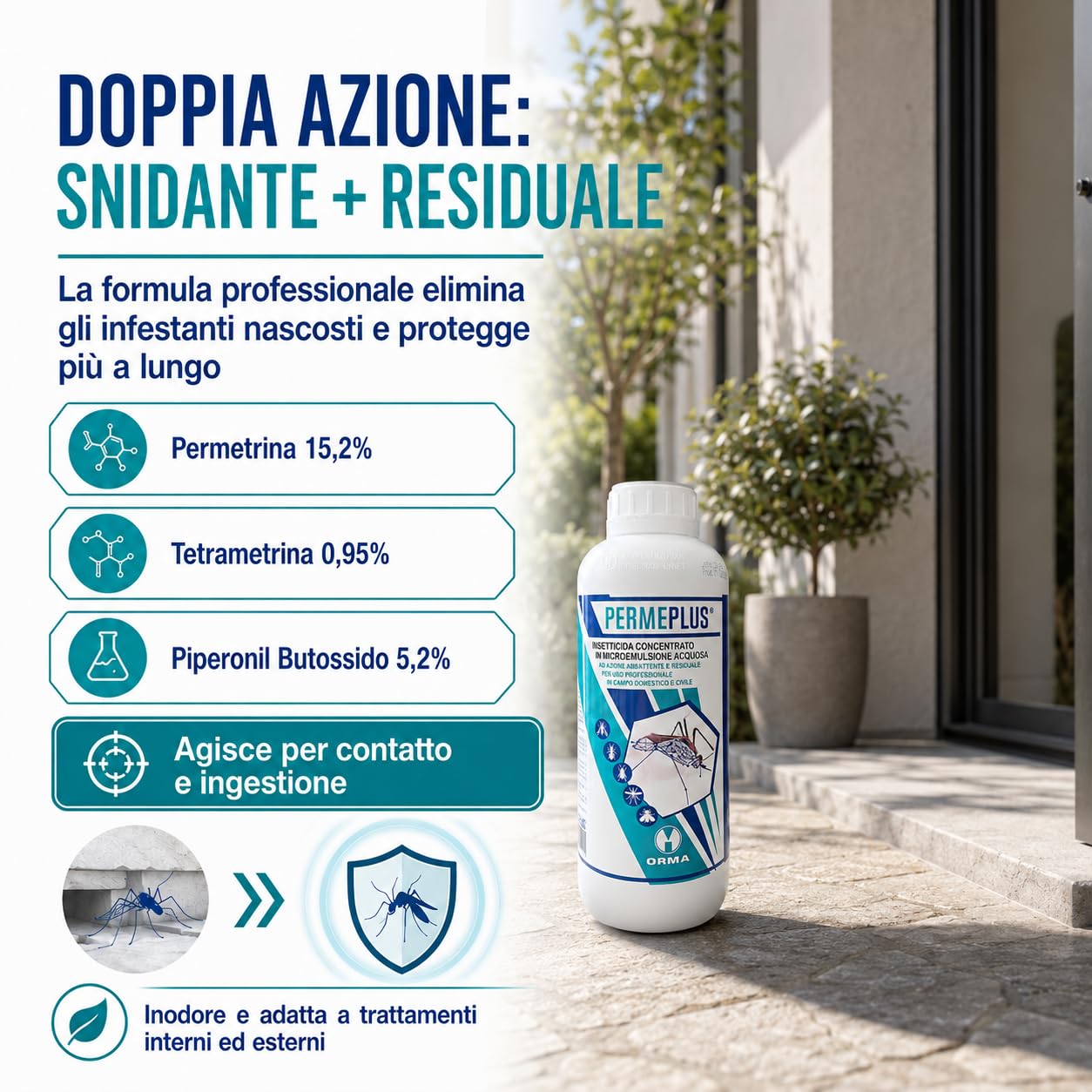 ORMA PERME PLUS | 1 Litro Insetticida Concentrato Zanzare, Mosche, Insetticida Blatte in Microemulsione - Azione Snidante e Residuale - Uso Interno ed Esterno - Inodore e Facile da Usare
