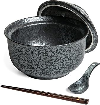 Ceramic Ramen Bowl, Japanese Style Retro Ramen Bowls Set 800ml Noodle Bowl with Chopsticks and Spoons, Asian Soup Bowls with Lid for Microwave & Dishwasher Safe, Classic Black
