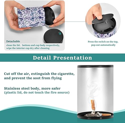 Miniatura 4 de Ceniceros de mariposa voladora púrpura para cigarrillos interiores con tapa, a prueba de olores, de acero inoxidable, portátil, sin humo, latas de