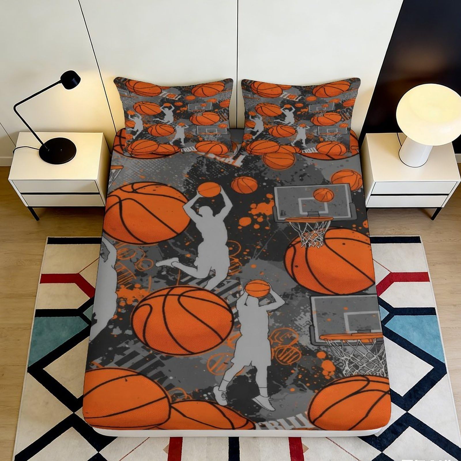 3D Printed Basketball Slam Dunk Fitted Sheet Microfiber Orange Grey Graffiti Mattress Cover for Bedroom Dorm Decor 116 200x200x25cm
