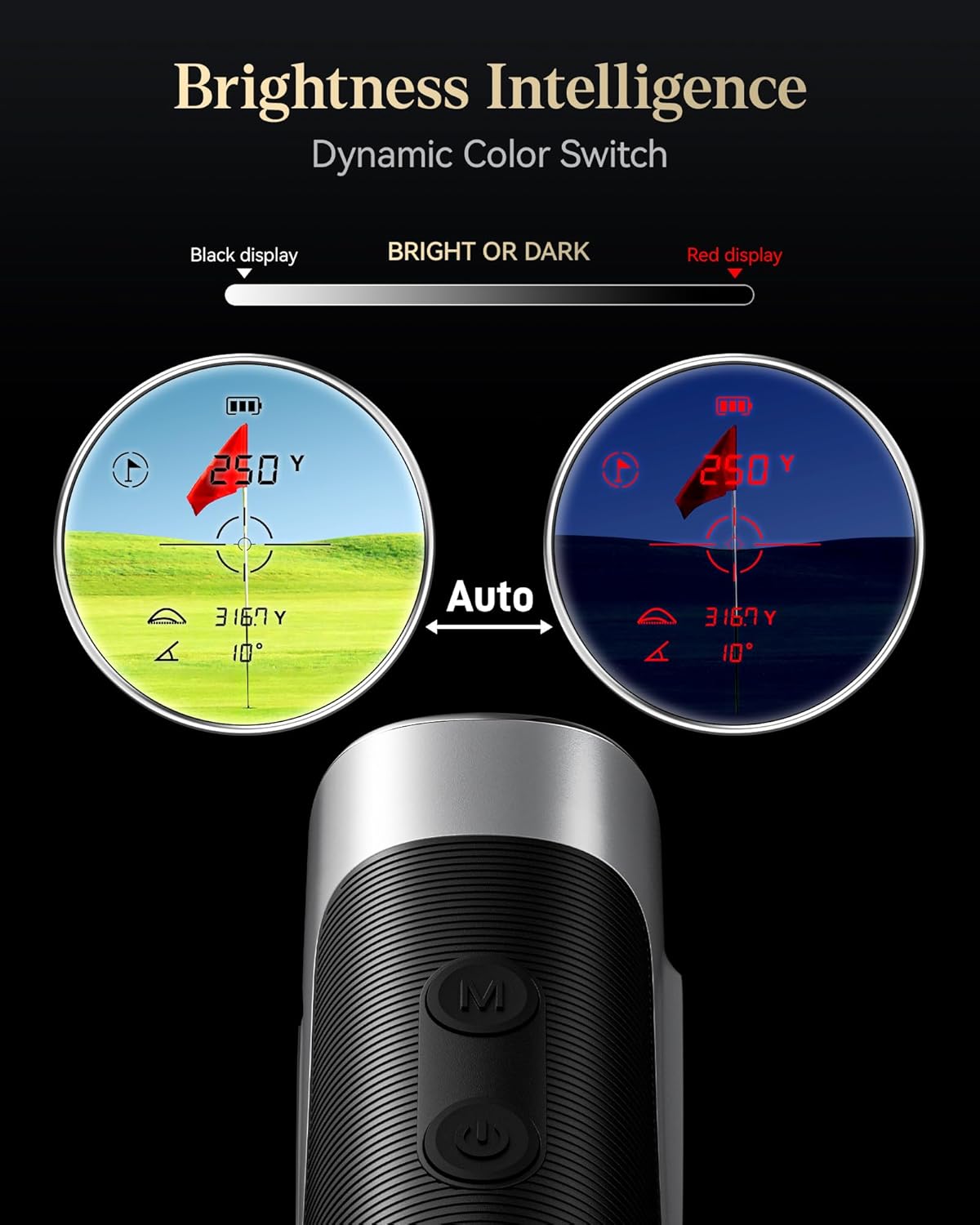 Illustration of the REDTIGER rangefinder's dynamic color switch, showing how the display automatically changes between black and red reticles based on ambient light conditions.