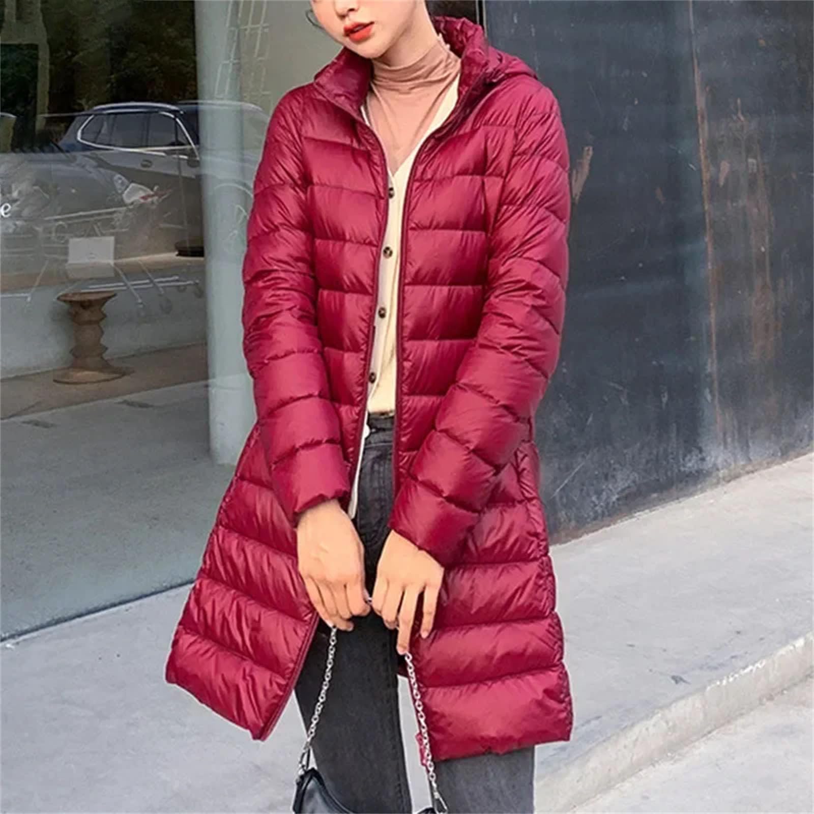 Piumino invernale da donna ultraleggero con cappuccio staccabile pannello elastico arrotolabile, rosa, M