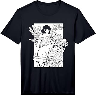 Mens Aesthetic Woman Cat & Monstera Plants Illustration Graphic Performance T-Shirt