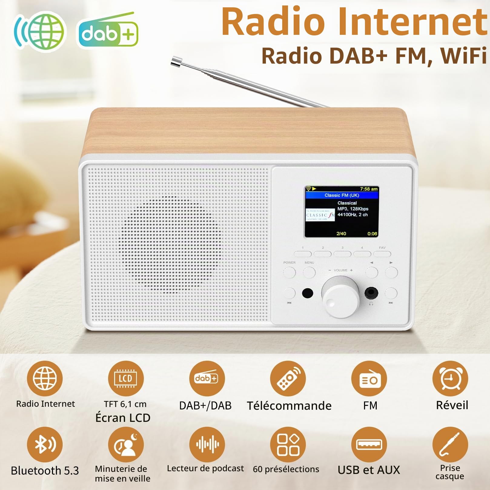 Radio Internet WiFi Dab+ avec Bluetooth 5.3 et écran Couleur