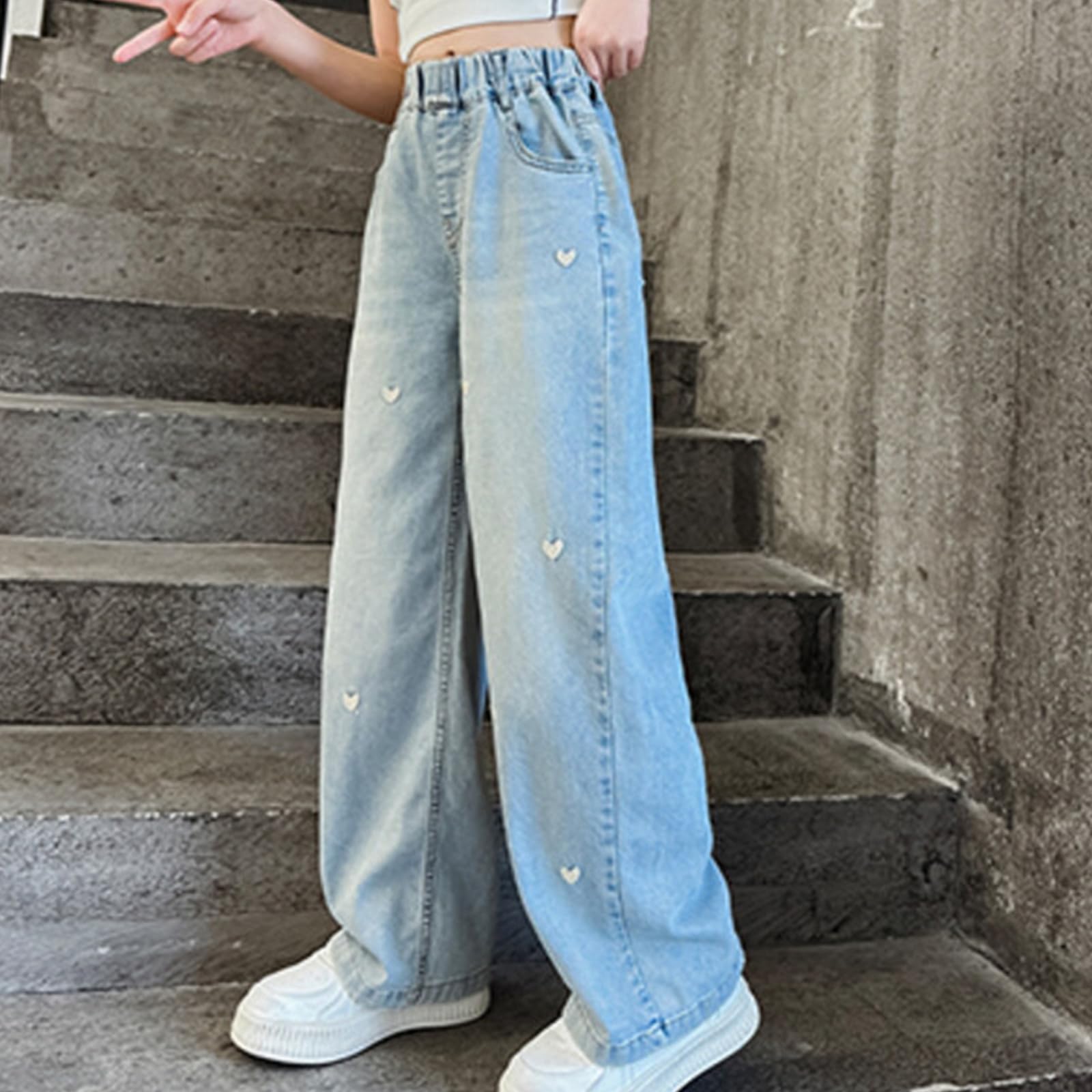 Pantalones vaqueros de pierna ancha para niñas con cintura elástica, pantalones de moda para primavera y otoño de 5 a 12 años, cómodos pantalones de mezclilla casuales