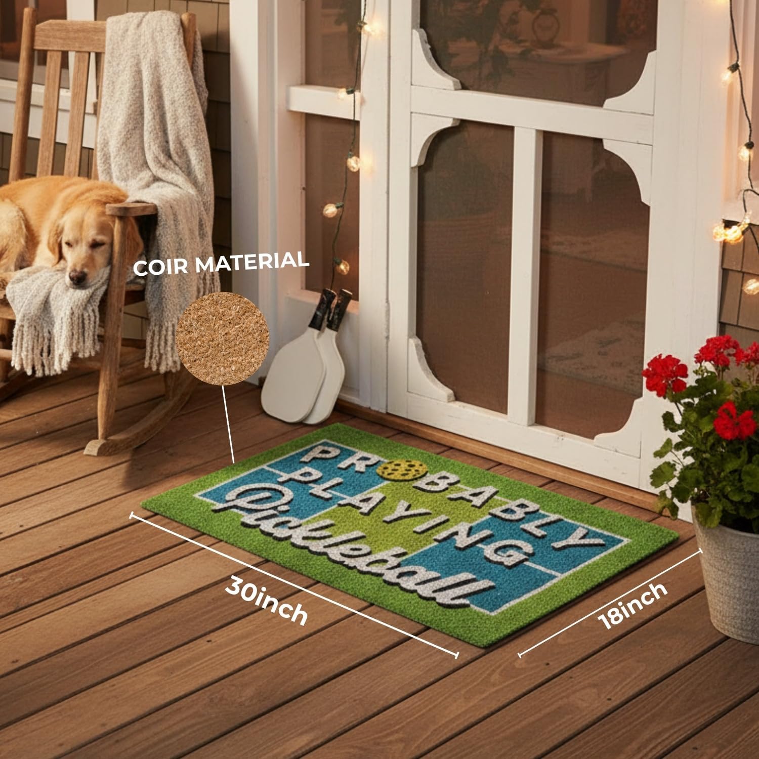 Playing Pickleball Doormat-18x30 L-Eco Friendly Coco Coir Fiber, Durable Anti-Slip Backing Rug, Welcome Indoor Outdoor Doormat for Front Door, Porch, Garage, or Mudroom