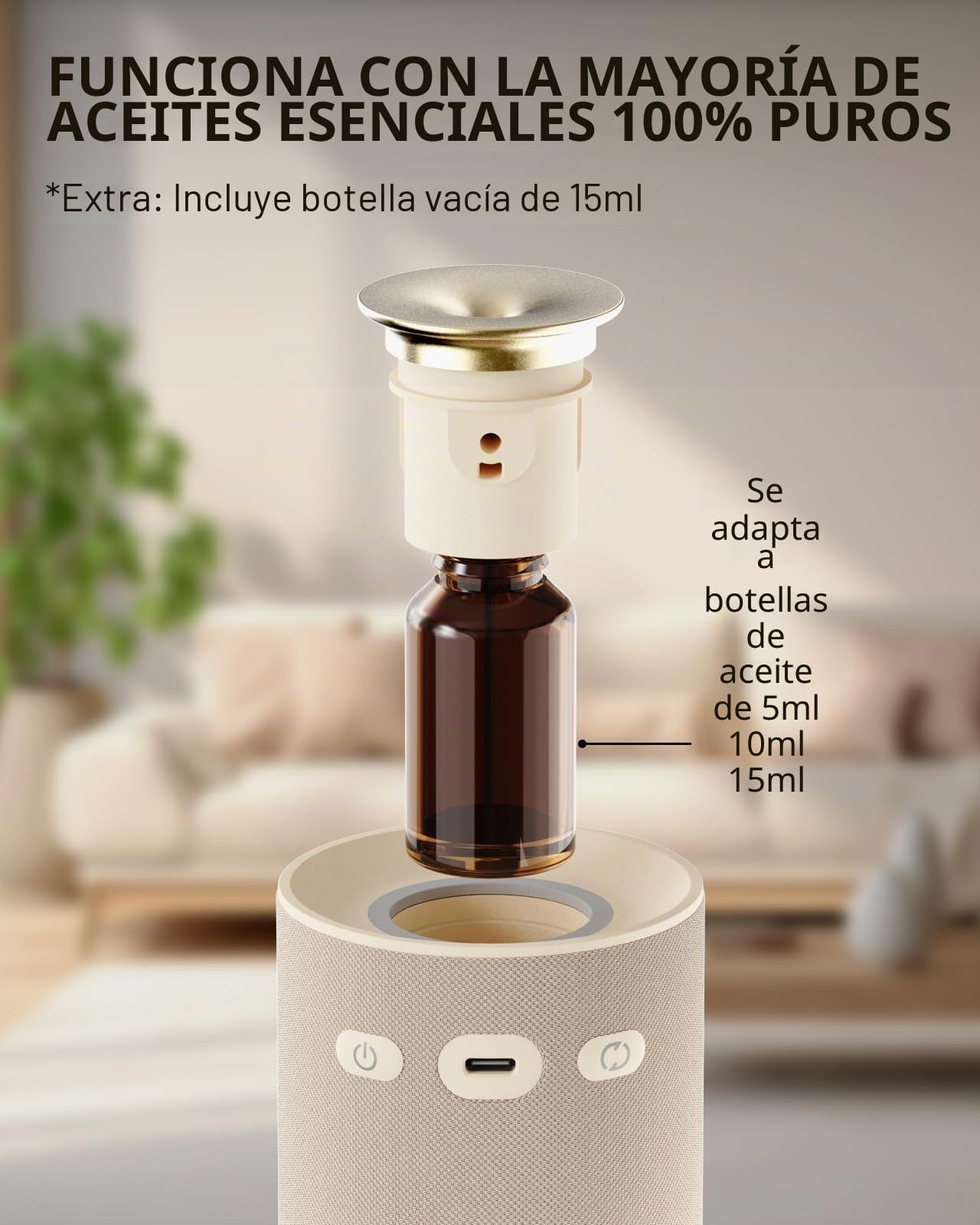Difusor de Aromaterapia Sin Agua para Casa y Nebulizador de Aceites Puros - Ambientador Eléctrico Portátil con Diseño de Tela Beige Premium, Luz Ambiente Cálida y Batería para Yoga, Salón y Dormitorio