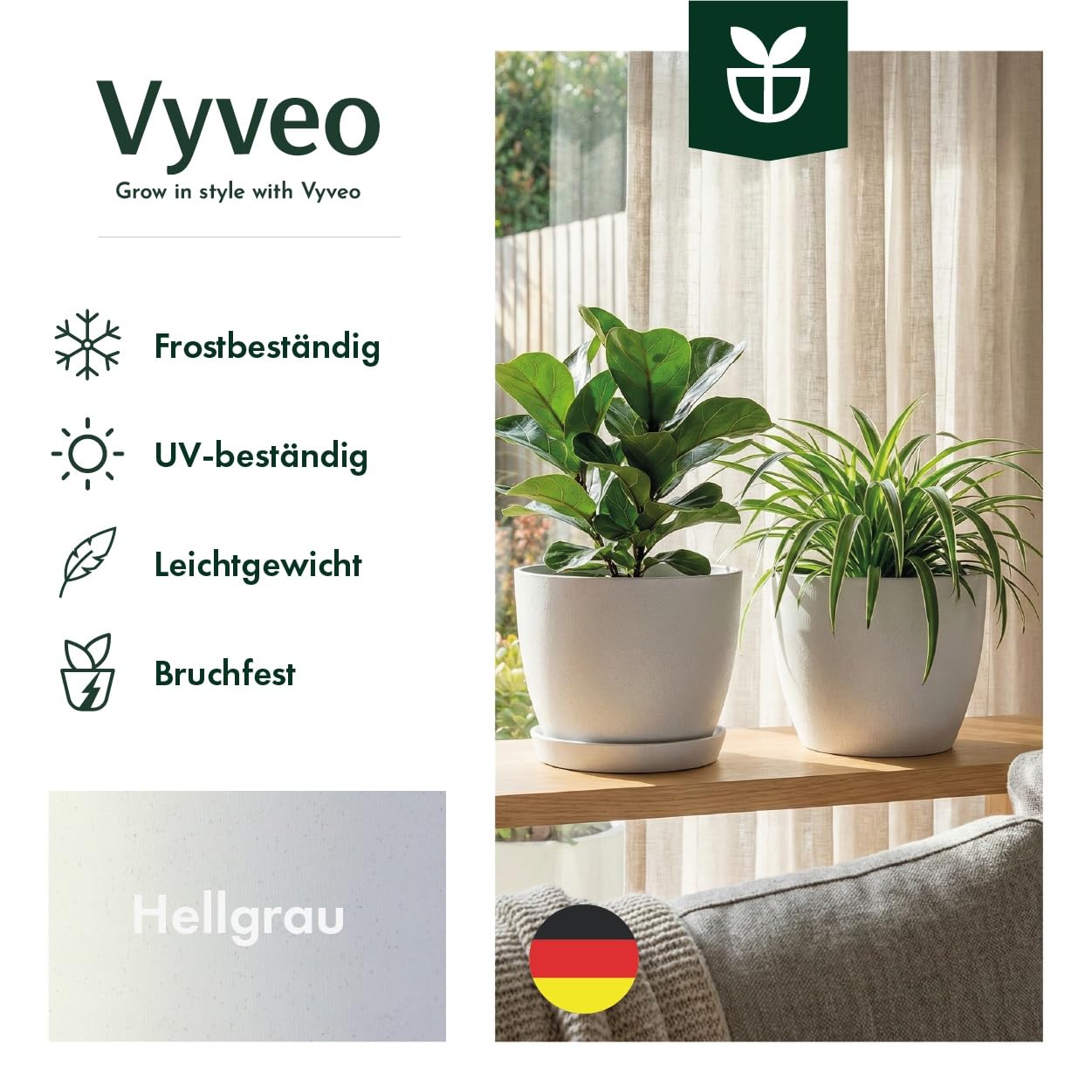 Blumentopf Lunda mit Untersetzer - 2er-Set - 27x20 - Hellgrau - Blumentopf für den Innen- und Außeneinsatz - Übertopf - Pflanztopf - Pflanzgefäß
