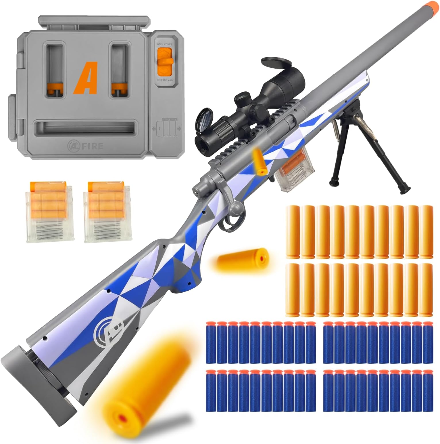 M24 Foam Blaster, Shell Ejecting, Safety Switch, Adjustable Stock 41.8 Inch, Fast Dart Loader, Scope, 40 Darts, 20 Casings, 2 Mags, Tactical Gear for Teens 14+ Adults(Blue)