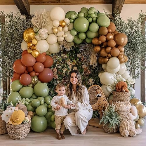 Miniatura 4 de Guirnalda de globos marrones y verdes, verde salvia, marrón, blanco, arena, beige, dorado, kit de arco de globos para baby shower, bosque y baby
