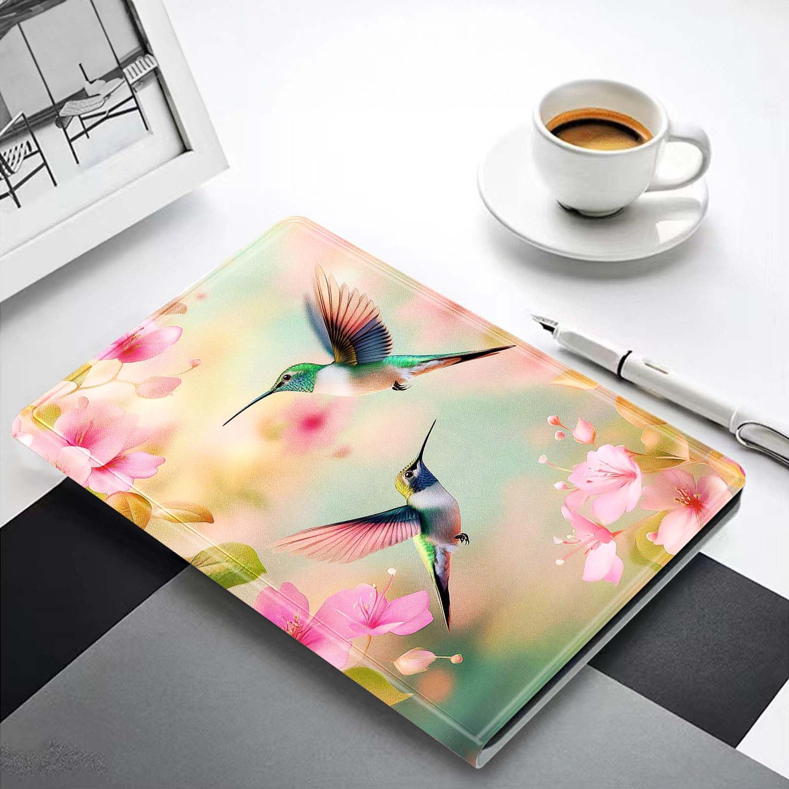 Funda para iPad de 10ª generación de 10.9 pulgadas, funda de piel sintética con encendido y apagado automático, soporte ajustable de visualización multiángulo. Flor de colibrí