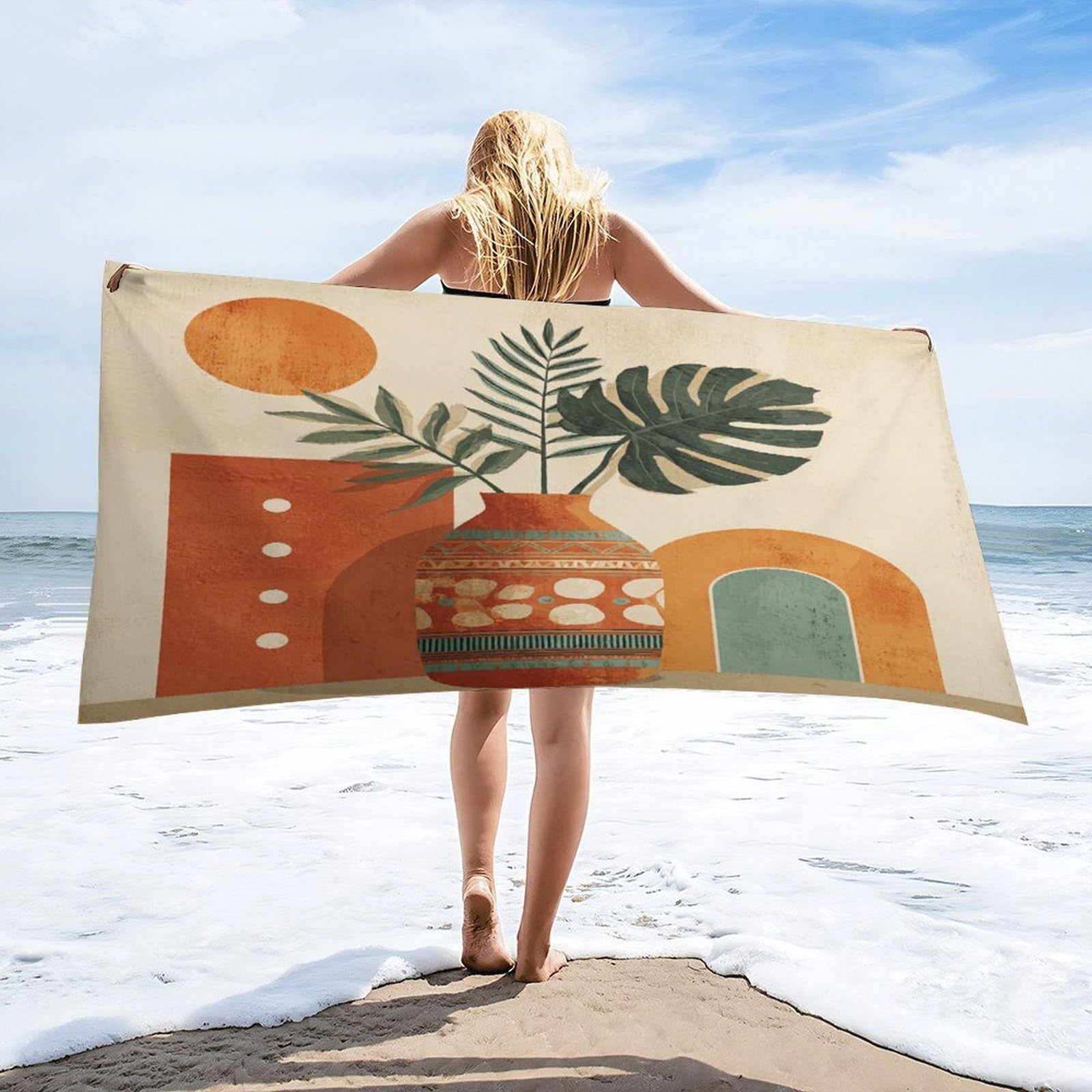 Luyysky Classic Rustic Palm Leaves Quick-Drying Beach Towel, Beautiful Vintage Tropical Palm Leaves Minimalist Geometric Pattern Travel Vacation Single Sided Pile Bathroom Towels-80 W Cm X 160" L Cm