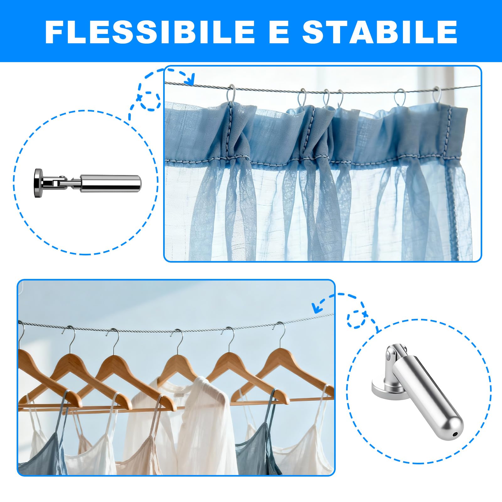 5 m Bastone Tenda Doccia - Filo Stendibiancheria per Esterno, Filo per Tende In Acciaio per Foto, Stendibiancheria, Finestra