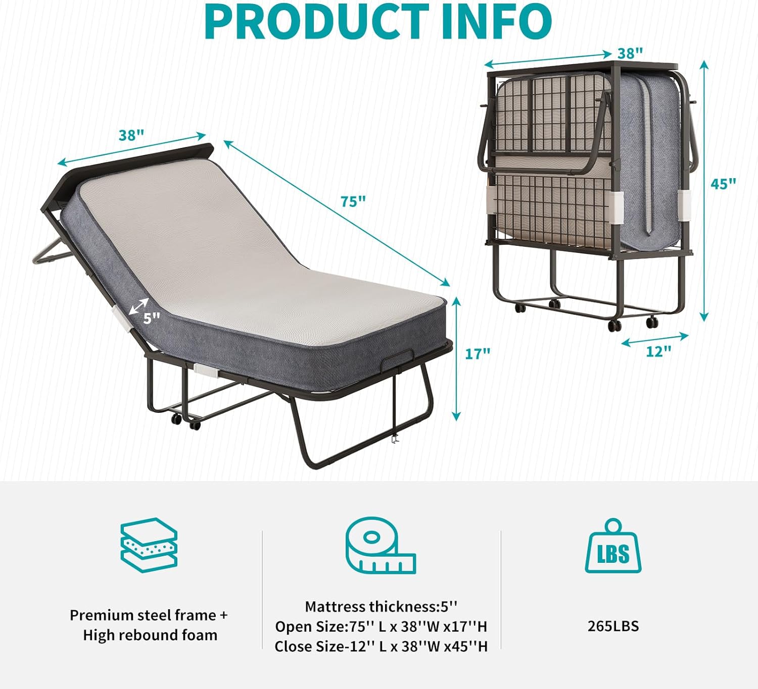 BALUS Folding Bed with Mattress for Adults, 75 ''L X 38''W Rollaway Bed with 5'' Memory Foam Mattress, Portable Foldable Frame with Dustproof Bag & Baffle (Upgrade)