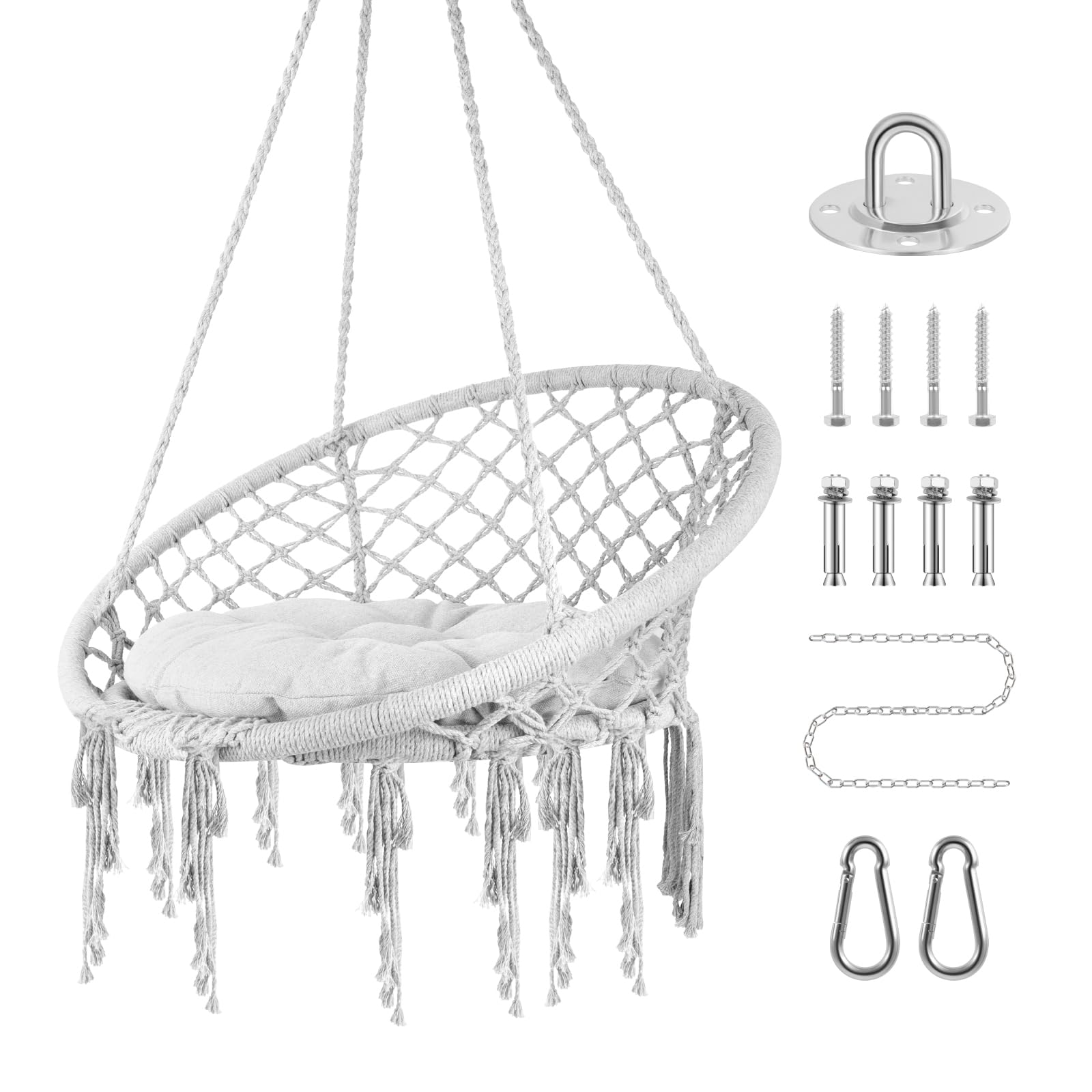 Hammock Swing Chair,330LBS Hanging Swinging Chair,Soft Cotton Rope Swing Chair with Cushion and Hardware Kits for Indoor Outdoor (Grey)
