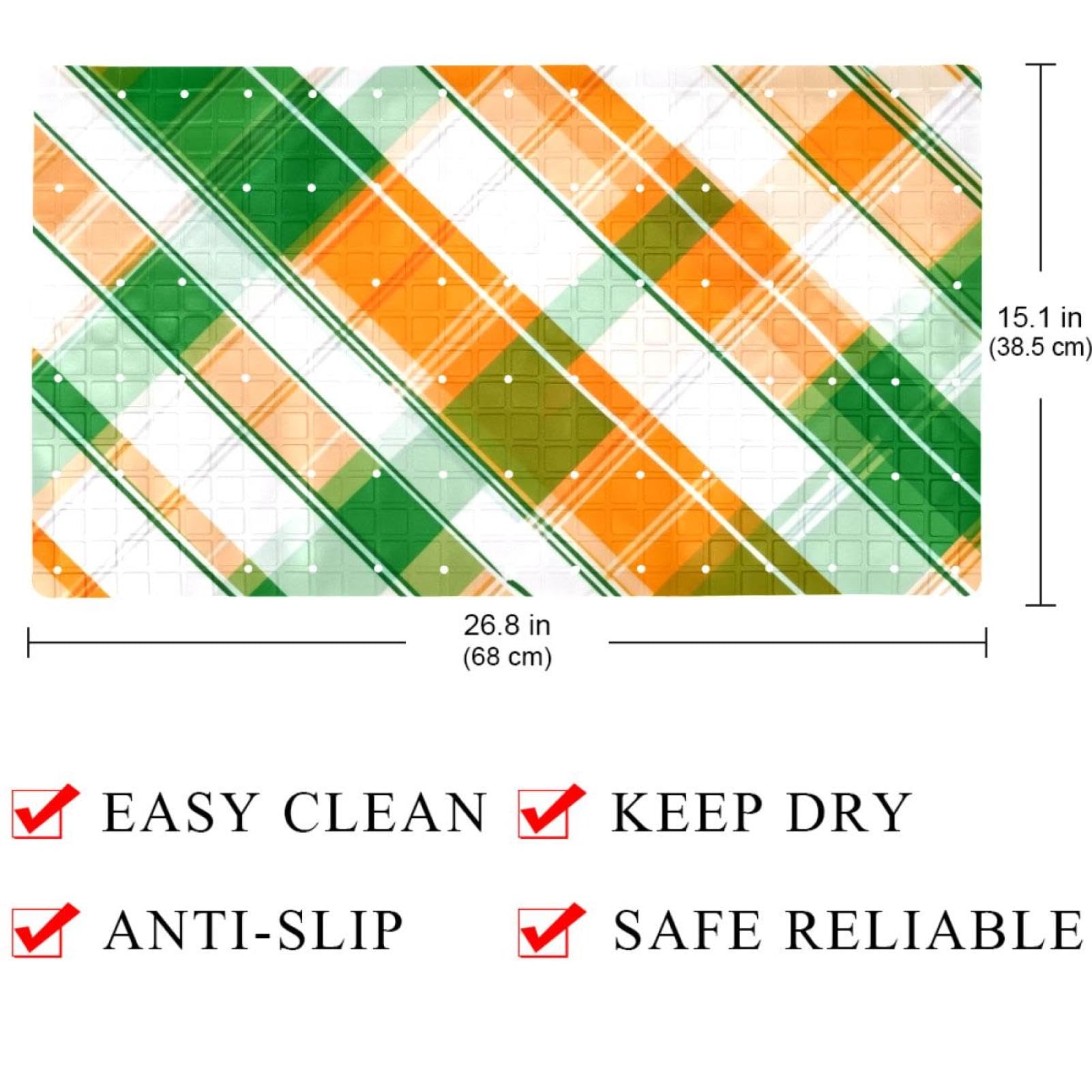 Tapis de bain rectangulaire antidérapant pour la Saint-Patrick avec ventouses et trous de drainage, orange, blanc et vert, 40 x 70 cm