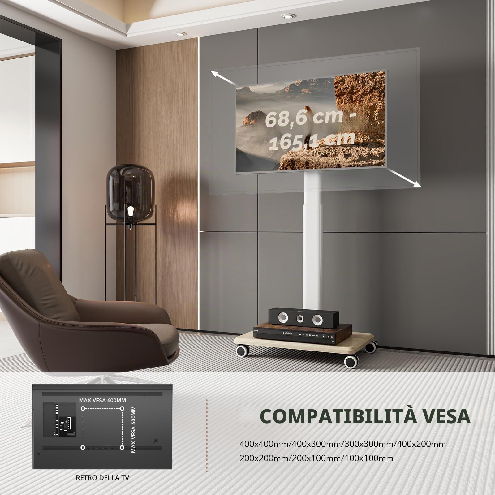 Supporto TV mobile per TV da 27 a 65 pollici, carrello TV portatile con ruote, grande supporto universale con supporto girevole, altezza regolabile per angolo camera da letto, esterno.