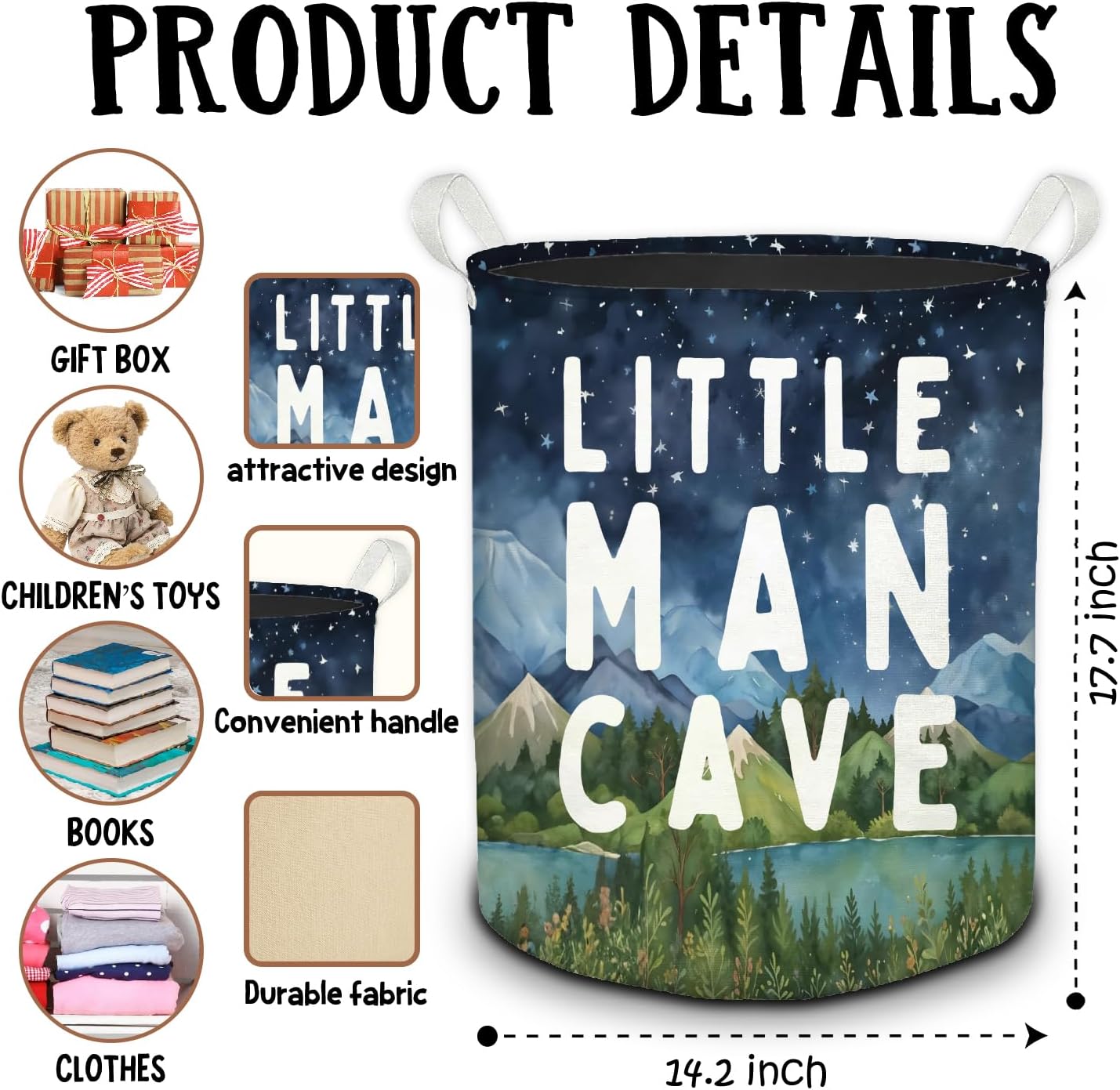 Boy Nursery Laundry Basket, Little Man Cave Star Sky Mountain Forest Foldable Laundry Hamper With Handles Clothes Toys Storage Basket for Boys Kids Room Bedroom Playroom Bathroom