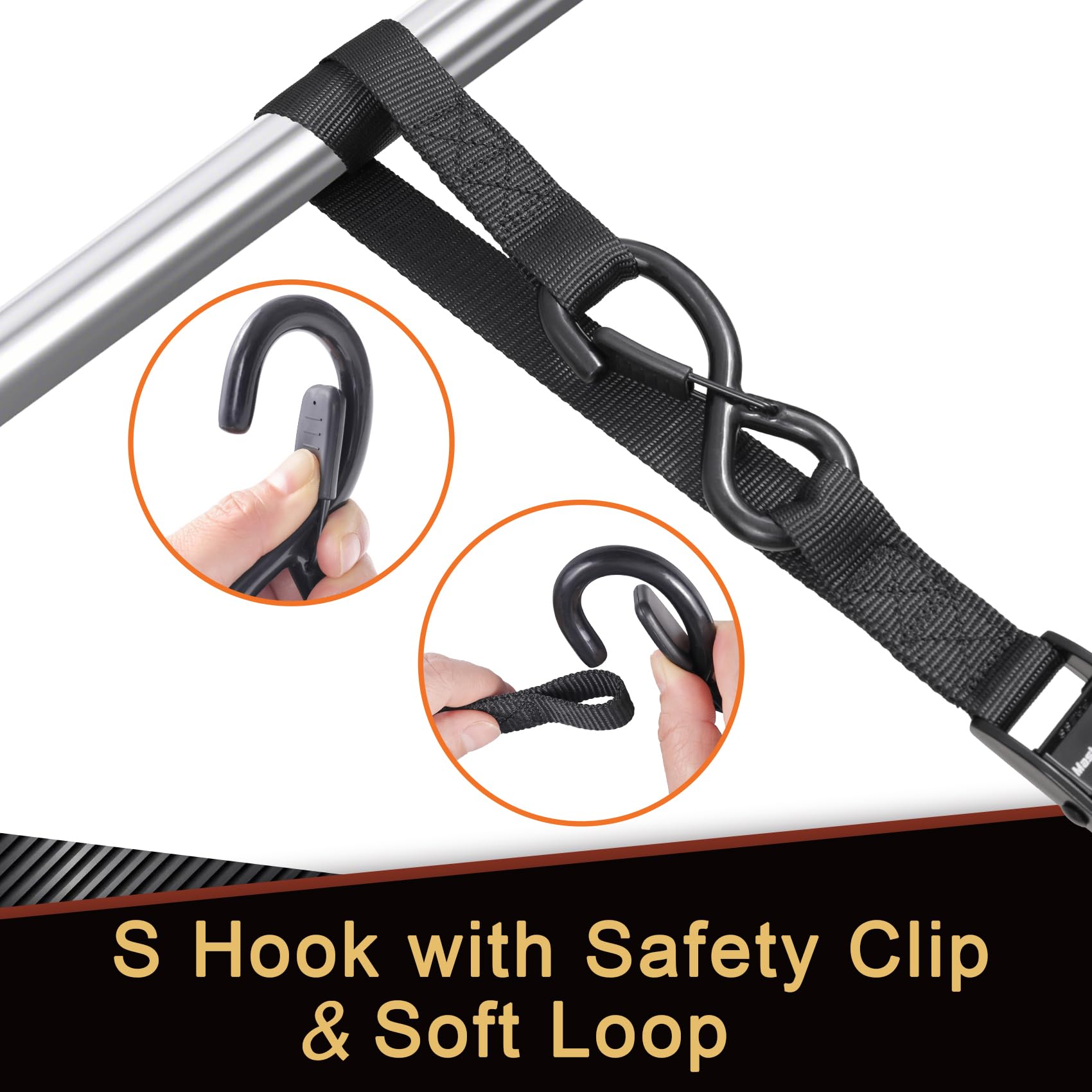 Masterwise Tie Down Straps,1" x 8’ Tie Downs with Swivel Carabiner Hooks, Motorcycle Handlebar Straps for Dirt Bike Kayak - Image 3