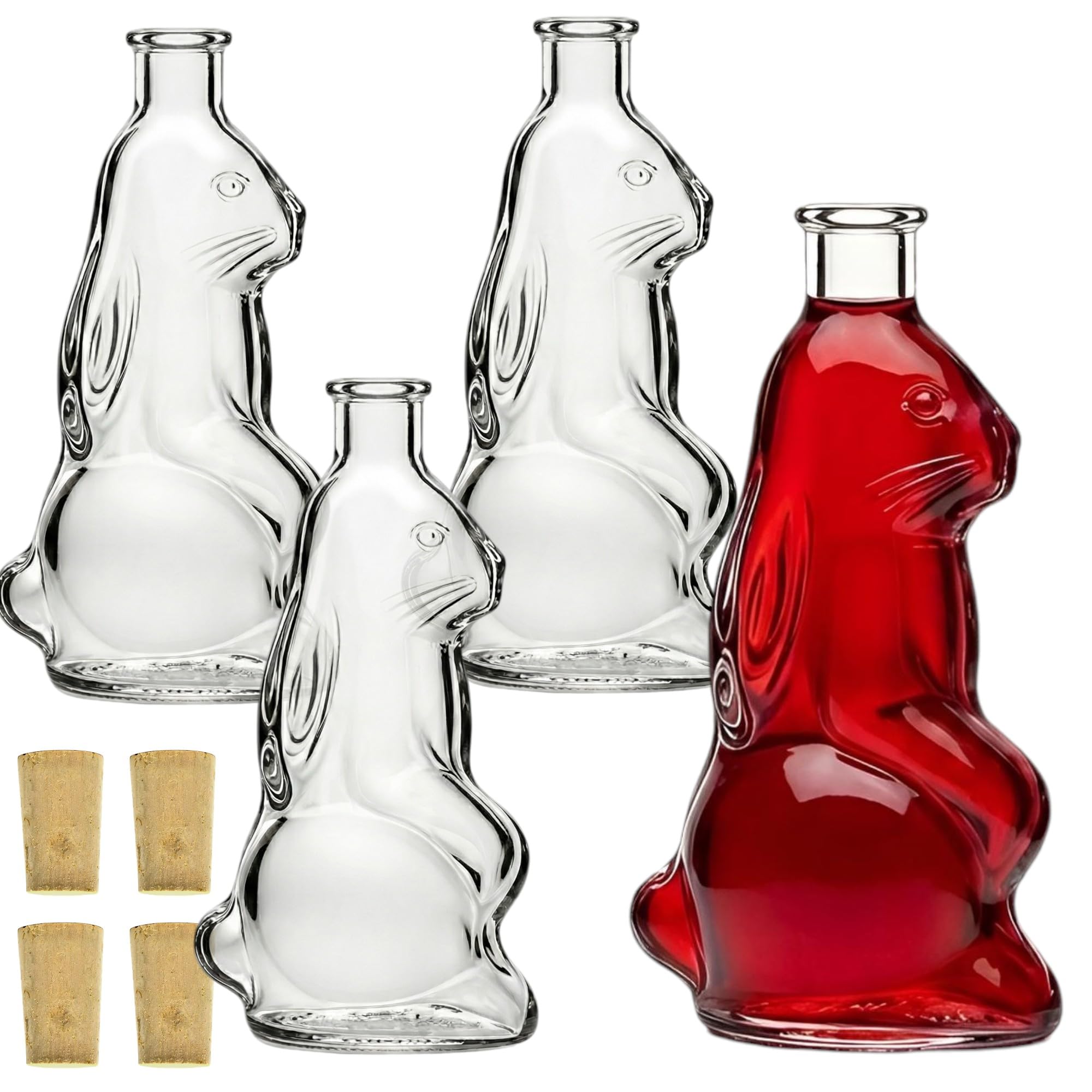 gouveo 4er Set Glasflaschen 200 ml (0,20 l) Osterflasche Hasenform Ostern mit Spitzkorken, Klarglas kleine Flaschen zum Befüllen Hasenflasche für Ostern (OHF200SK)
