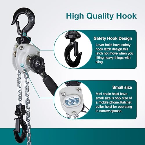 Miniatura 2 de TOYO Mini polipasto de cadena de 550 libras, 10 pies, polipasto de palanca de 14 toneladas, mini tirador de cadena de palanca 3M con 2 ganchos