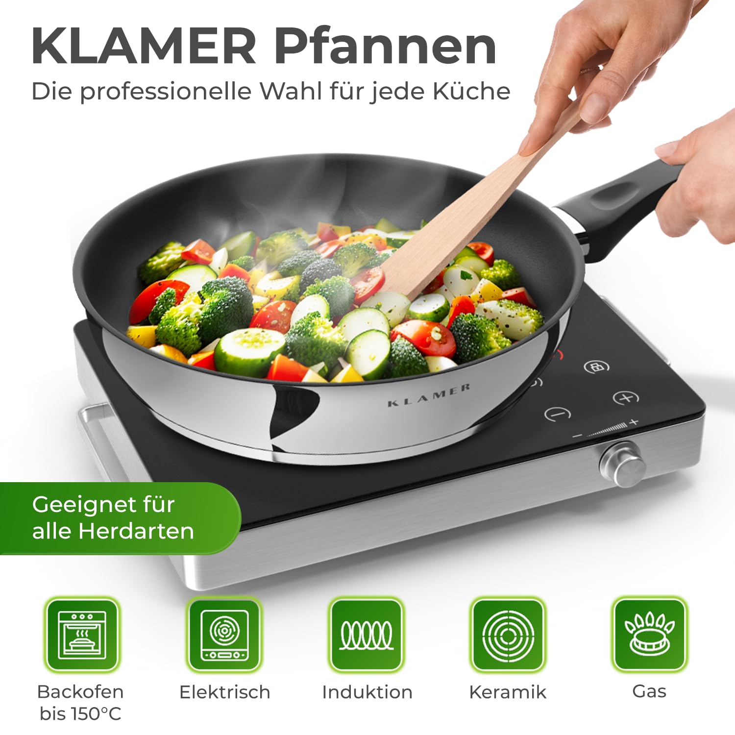 KLAMER padella 28 cm, padella per induzione con rivestimento antiaderente, con bordo alto, rivestimento premium, padella universale professionale di alta qualità