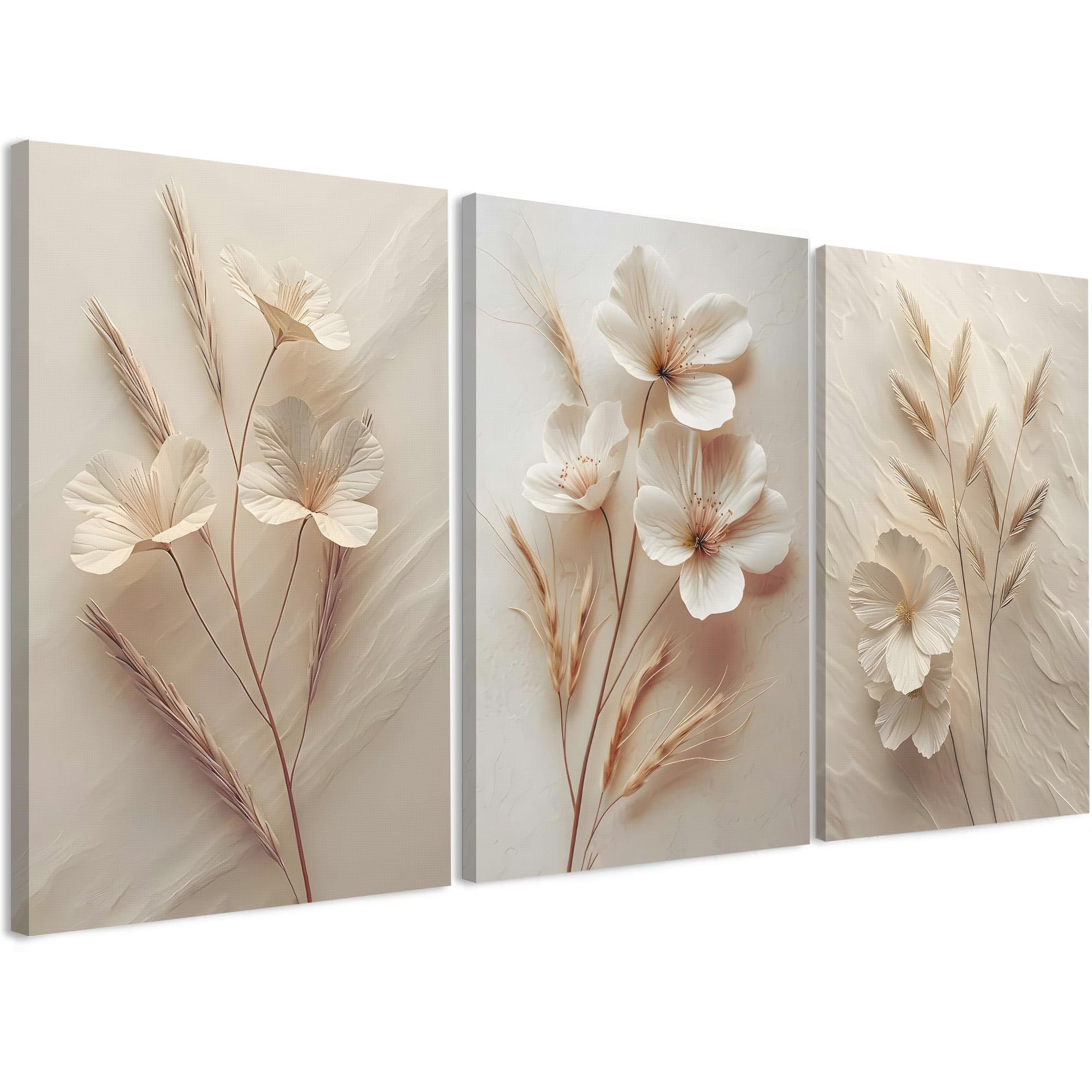 FYLDPSB 3Pcs Unframed Neutral Beige Floral Canvas Wall art, Modern Simple Texture Plant Painting Wall Decor, Vintage Flower Poster Prints for Living