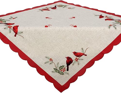 Grelucgo Mantel pequeño bordado de Navidad con diseño de pájaro cardenal rojo, cuadrado, 33 x 33 pulgadas Grelucgo Mantel pequeño bordado de Navidad con diseño de pájaro cardenal rojo, cuadrado, 33 x 33 pulgadas
