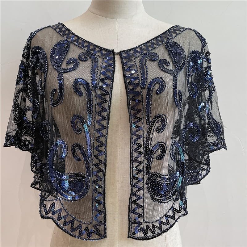 Specell 1920s Shawl Wraps Wedding Bridal Wrap Sequin Beaded Shawl For Evening Dresses Wedding Gatsby Party Harlem Night. Black Navy Blue - Image 2