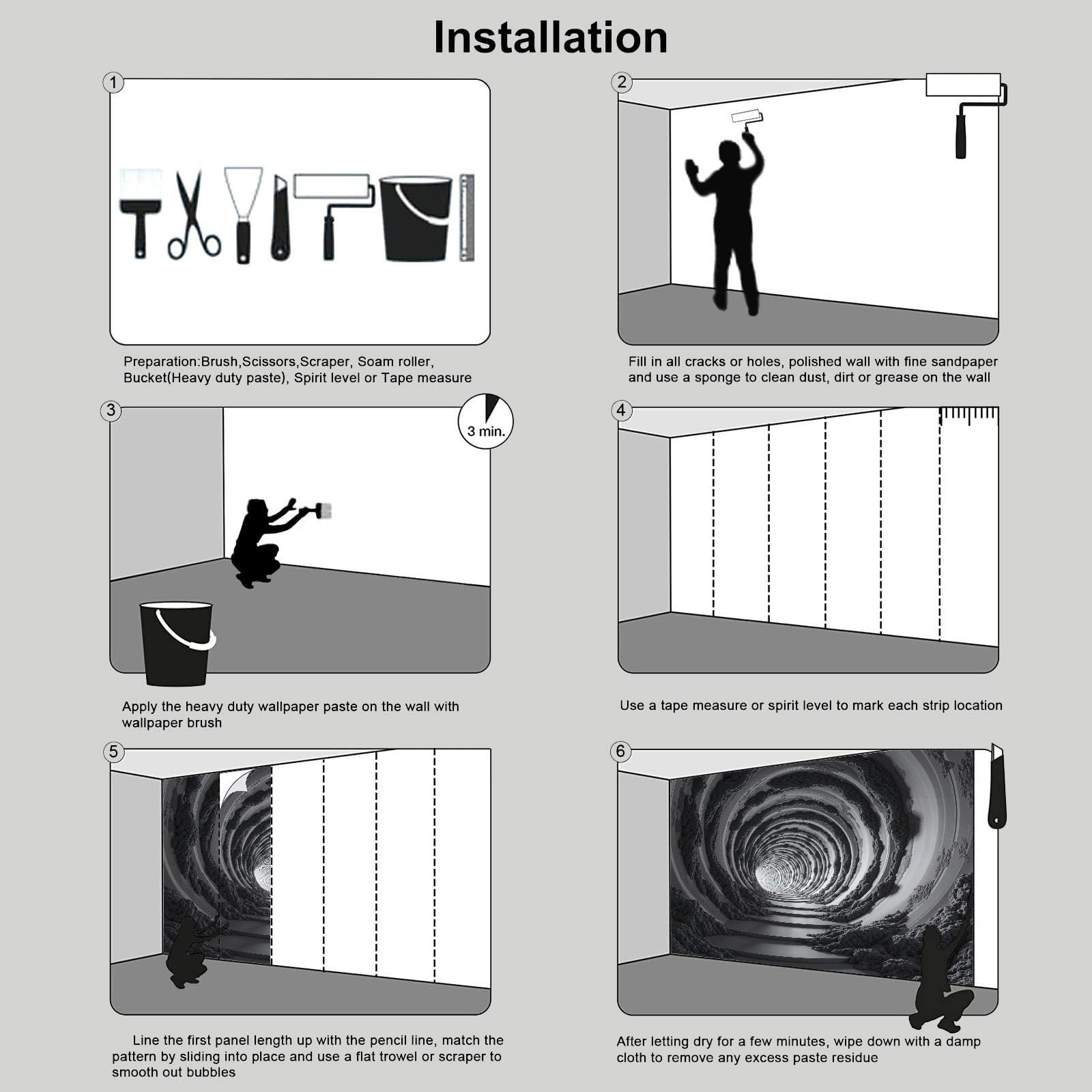 Carta Da Parati 3D Fotomurale Tunnel A Spirale 3D Illusione Visiva Fotografica Design Nero Per Pareti Camera Soggiorno Divano Tv Hotel Corridoio Sfondo Dipinto Murale 200X140Cm