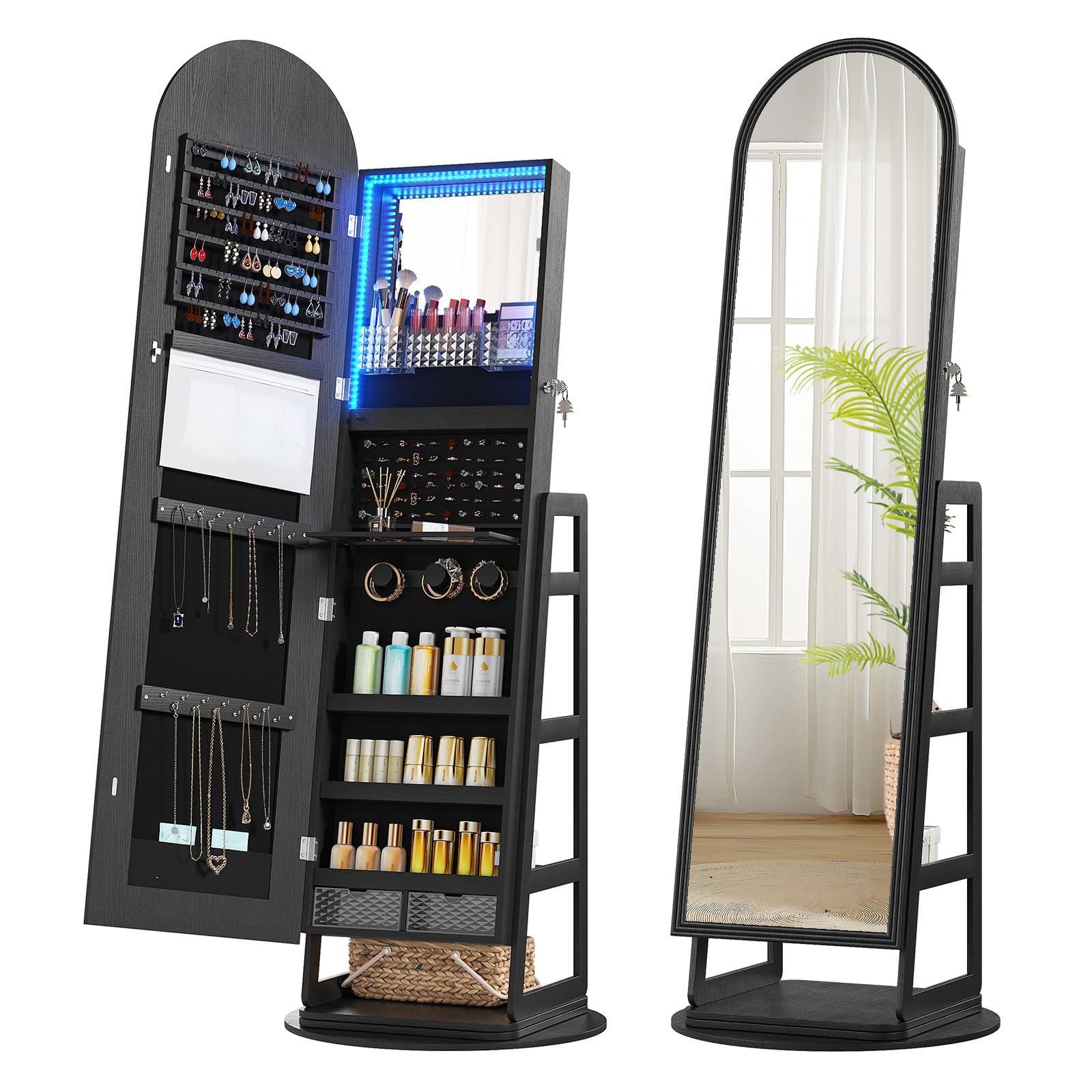 TAGELIER Schmuckschrank mit LED Spiegel, 360° Drehbarer Schmuckhalter Organizer mit Bogen Ganzkörperspiegel, Stehendes Schmuckkabinett mit mit hinteren Regalen & Haken, Abschließbar