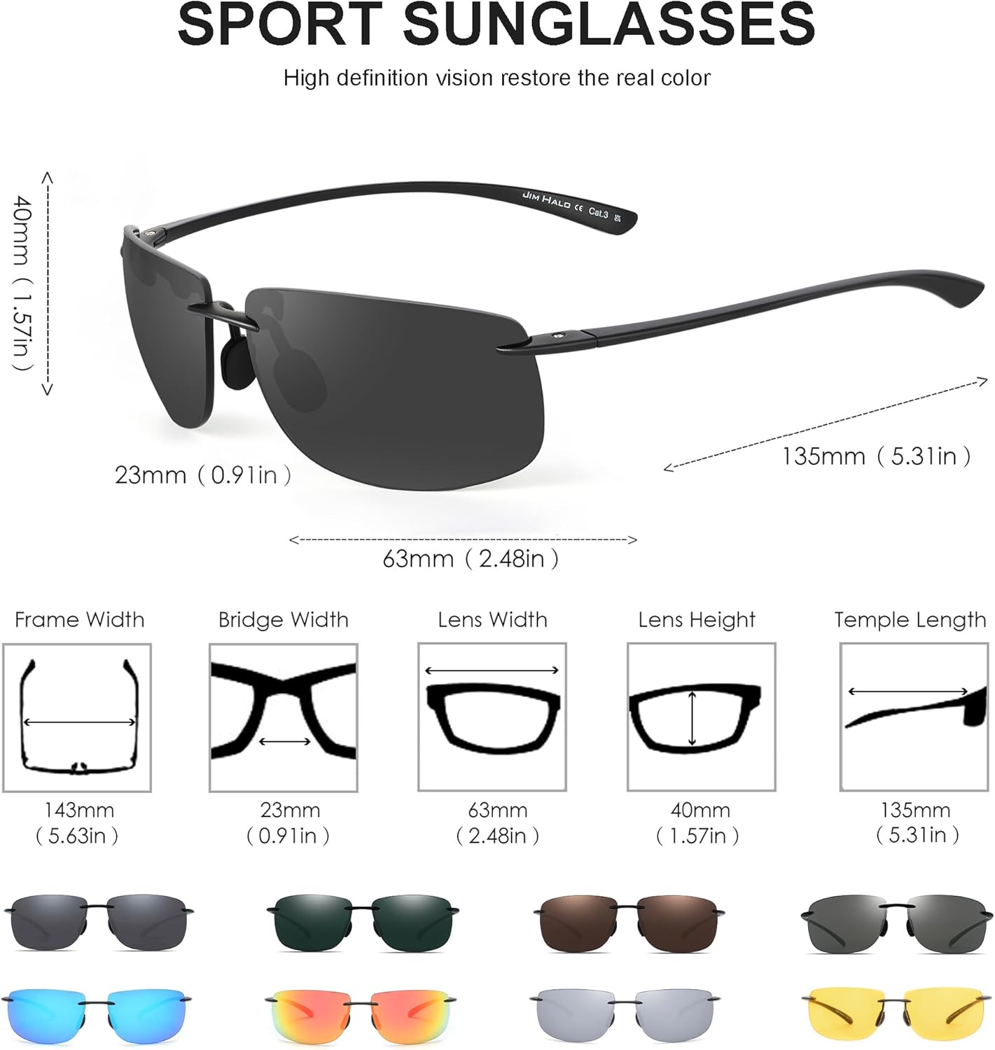 JIM HALO Sport Sunglasses for Men Women TR90 Rimless Frame for Running Fishing Cycling Driving - Image 5