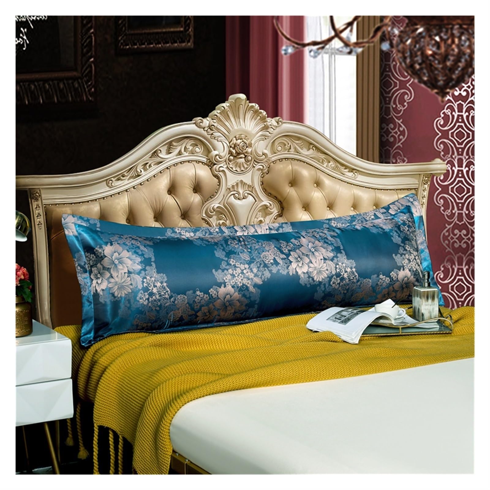 Lujosa funda de almohada de seda de 48 x 150 cm, satén europeo retro, funda de almohada larga para parejas, suave y duradera, perfecta para decoración del hogar y regalo.