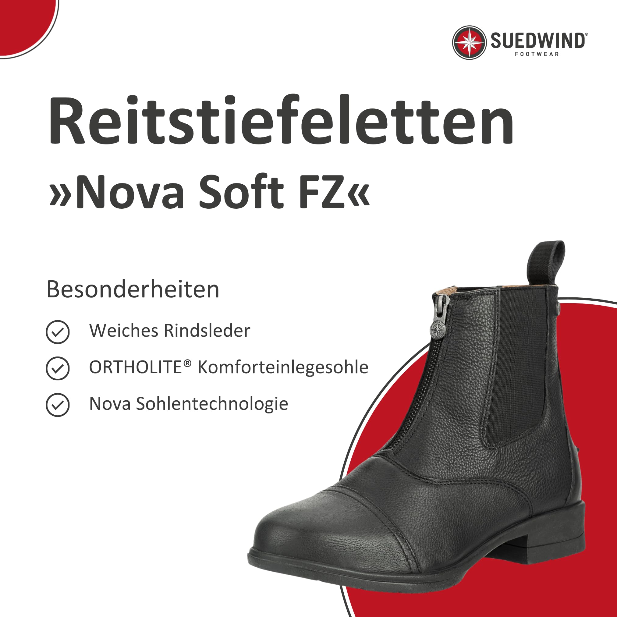 SUEDWIND FOOTWEAR Reitstiefeletten Nova Soft FZ - Unisex Reitschuhe aus weichem Rindsleder – Paddock Stiefeletten mit Mesh-Lining, Nova-Gummisohle & Reißverschluss vorne – schwarz – Gr. 25-46