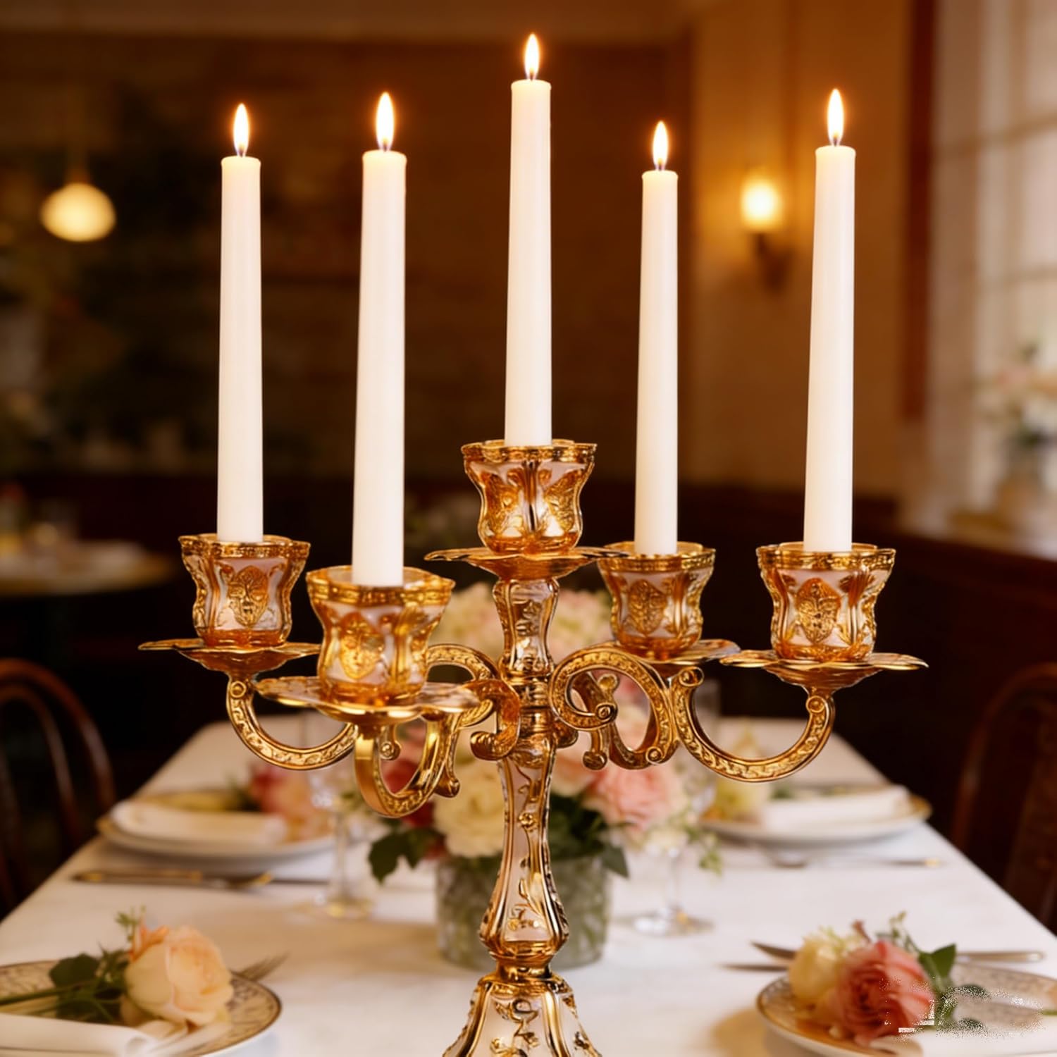 5-Arm Candelabra Candle Holder Metal Candlestick for Taper Candles, Metal Vintage Decorative Design, 14.17 '' Tall, Gothic centerpieces for Tables, Wedding, Party, Reception (Gold)