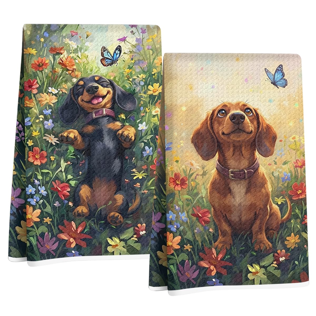 2 Pcs Dachshund Floral Kitchen Towels, Dachshund Gifts Reusable Dish Towel