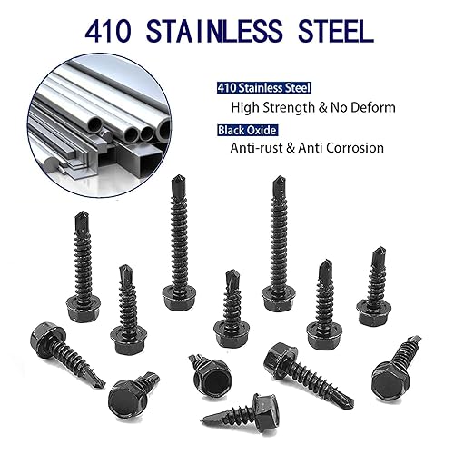 Miniatura 7 de ZAMBASE 100 tornillos autorroscantes de acero inoxidable 410 #8 x 1 pulgada para metal, kit surtido de tornillos autoperforantes, óxido negro