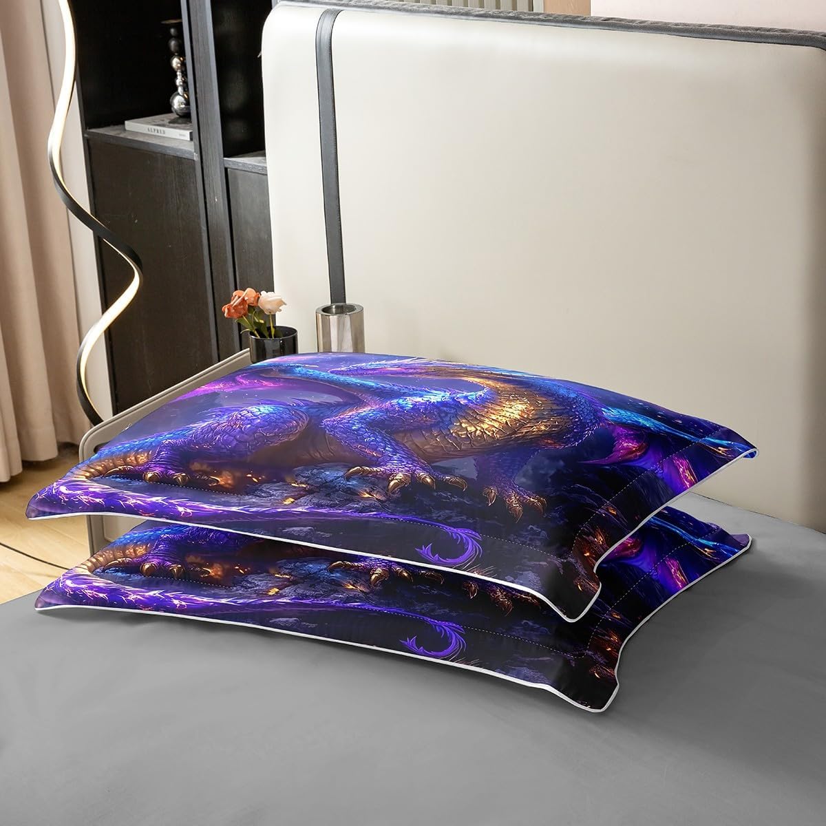 Erosebridal Dragon 100% Cotton Bedding Set Queen Size Mysterious Safari Duvet Cover for Boys Men Psychedelic Volcanic Rock Black Gold Purple Comforter Cover Soft Breathable Bedclothes