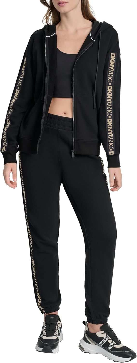 DKNY womens Sleeve Logo Tape Full Zip Hoodie Sweatshirt - Image 2