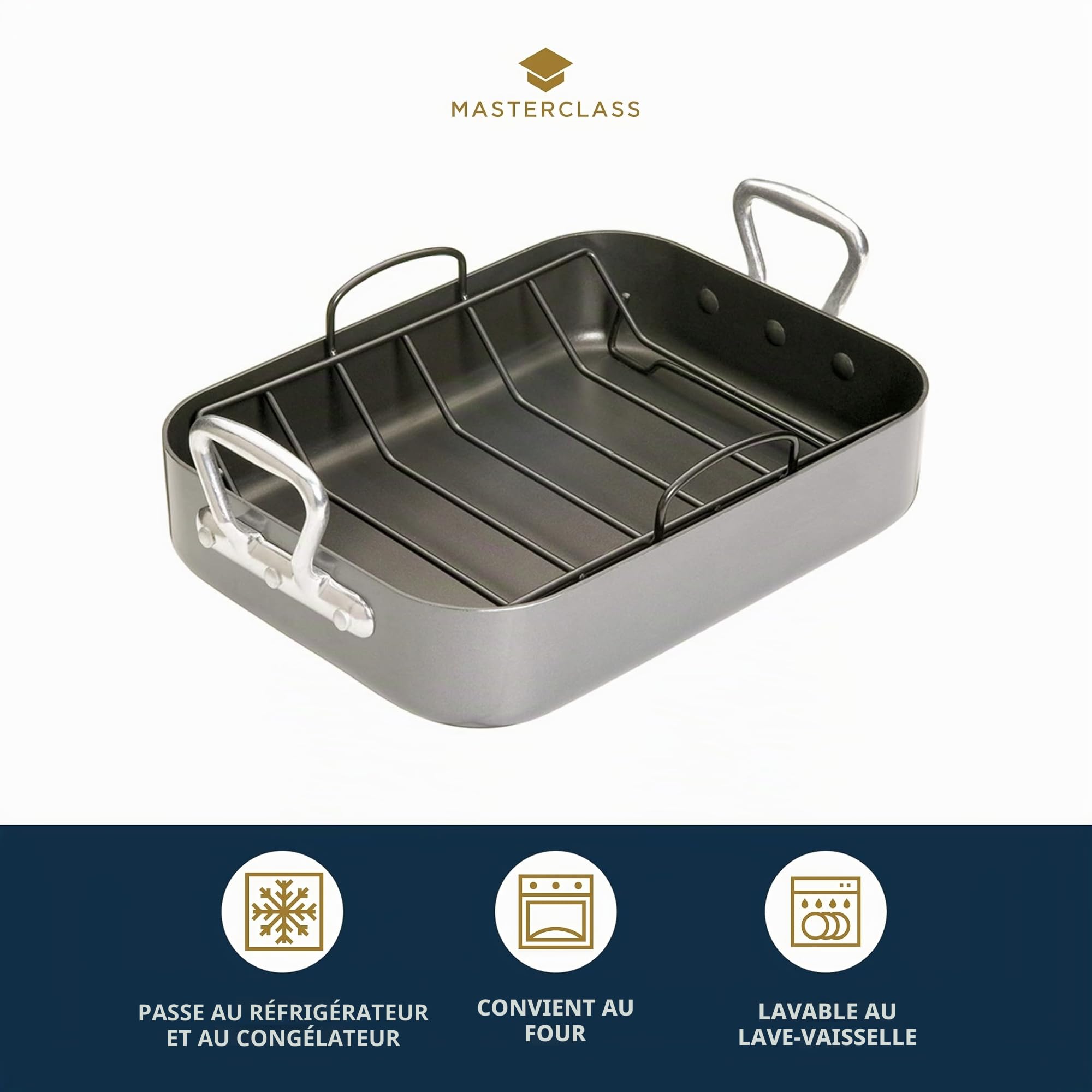 MasterClass Rôtissoire Avec Grille Et Revêtement Antiadhésif Teflon Xtra Dans Une Boîte Cadeau, Rôtissoire En Acier Au Carbone Avec Poignées, 40 X 28 X 8 cm (15.5 X 11 X 3''), Gris