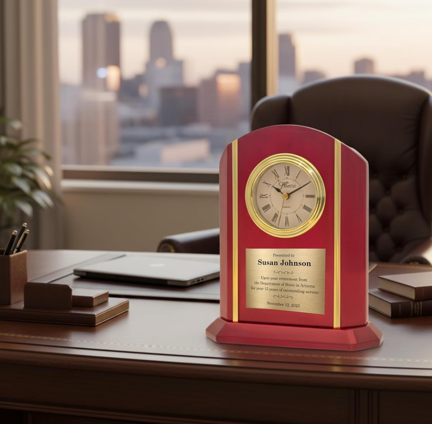 Personalized Desk Clock with Engraved Plate – 8” Rosewood Base Quartz Clock – Custom Retirement Gift, Employee Recognition Award, Anniversary or Graduation Keepsake