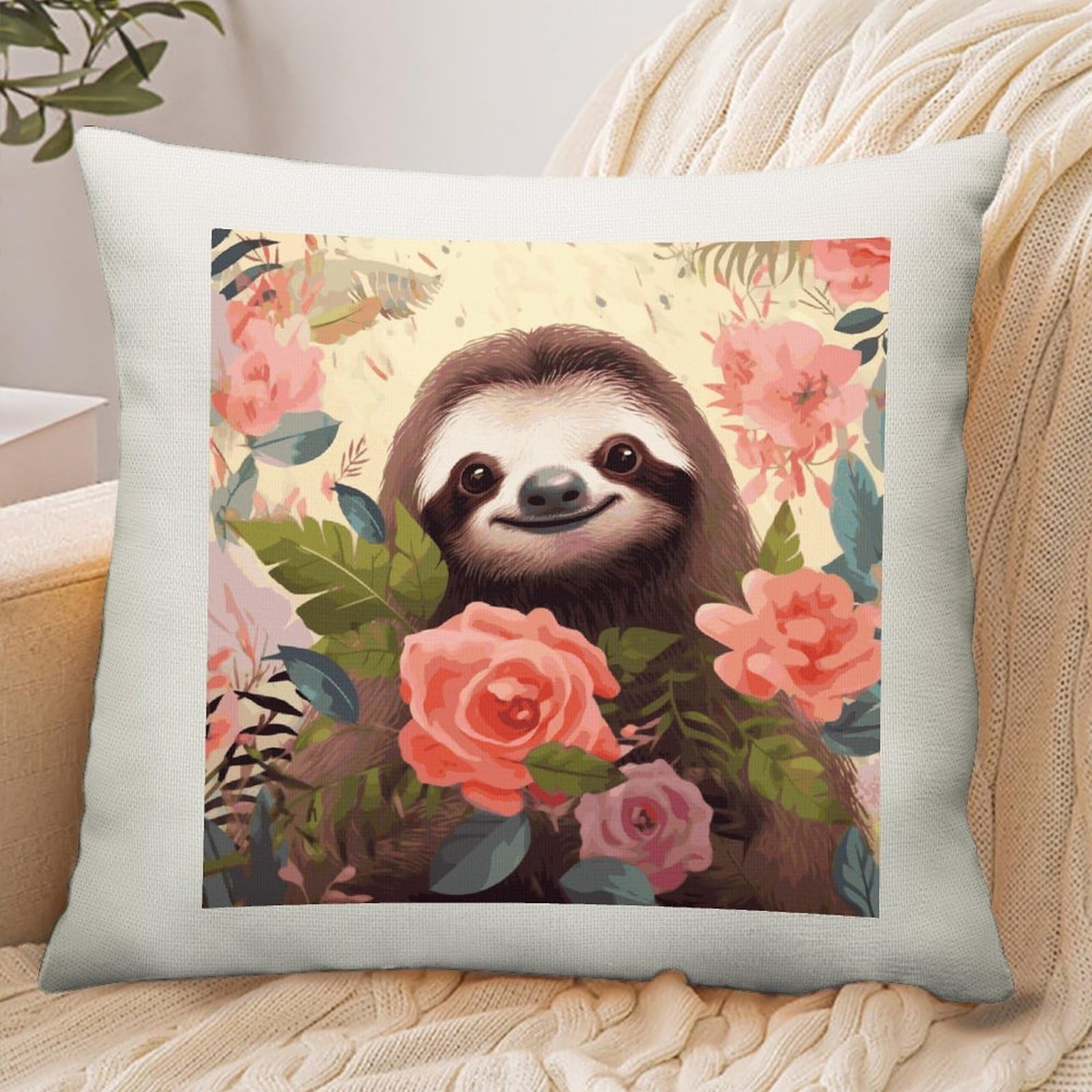 Adfgyerh Style Sloth And Flowers Pillow Cover Breathable,Pillowcases Boho Decorative Envelope Closure,Throw Pillow Covers For Beach,Patio,Balcony,Couch Living Room 18 * 18In
