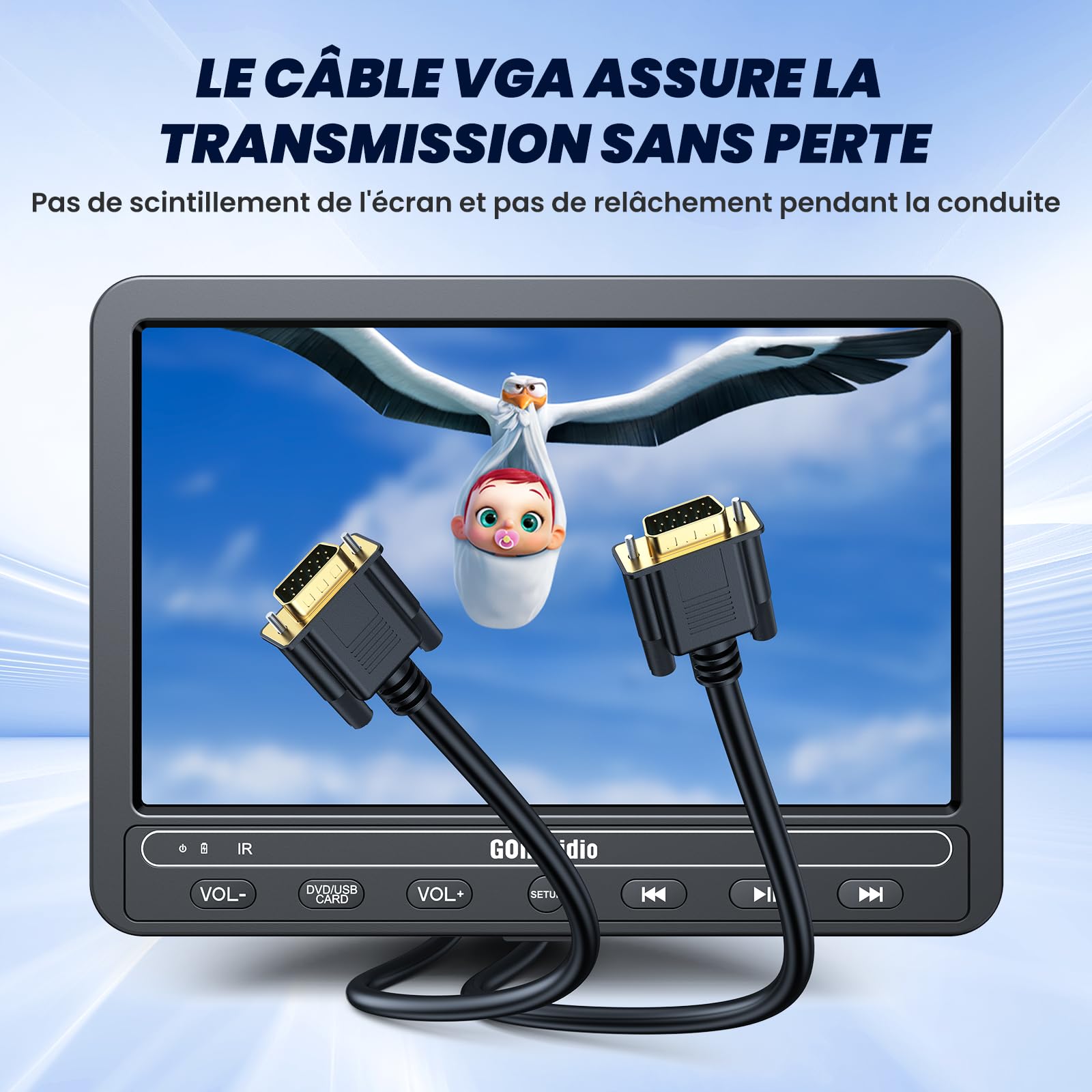 GOnavidio 10,1" Lecteur DVD Voiture 2 Ecrans pour Enfant avec 2 Casques, Région Libre,ecrans Voiture Enfant de 5 Heures pour Voyage,Prise en Charge USB/SD(Un Lecteur et Un Moniteur)