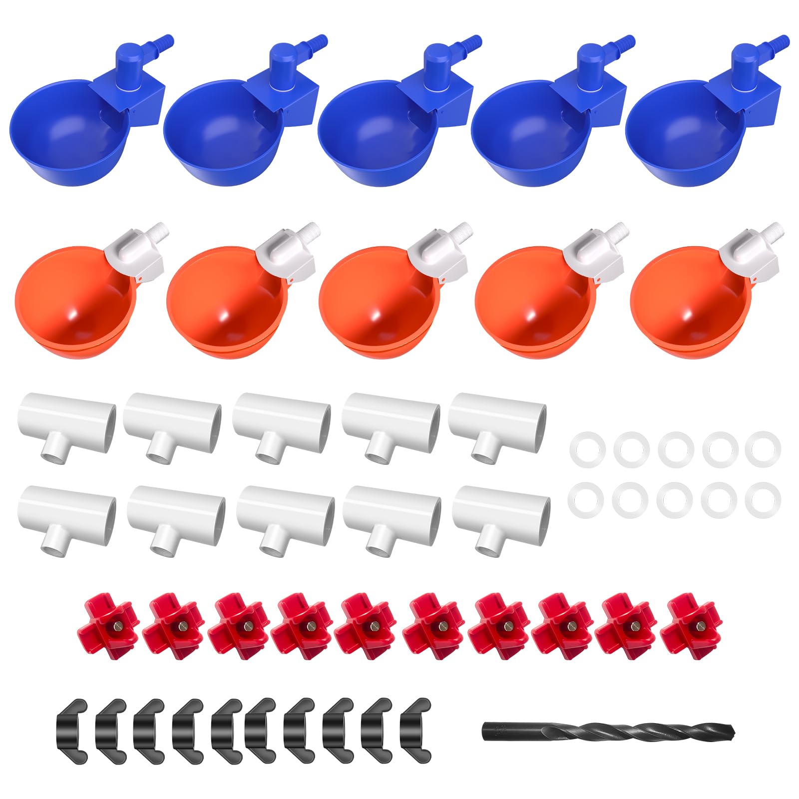 10 Pack Large Chicken Water Cups Feeder Kit with PVC Tee Fittings, Chicken Water Nipples, DIY Automatic Chicken Waterer Anti-Leak System for Chicken Duck Quail Turkey, Bunny and Bird