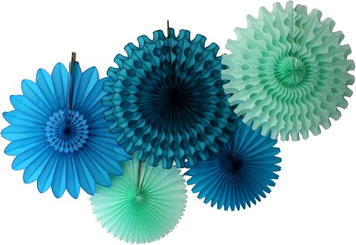 5-Piece Tissue Paper Fans, Sea Breeze Blue Green