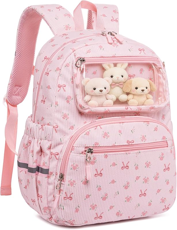 Kids Backpack for Girls Boys Toddler, Cute Corduroy Preschool Daycare School Bookbag with Insulated Pocket, Clear Display Pocket, Chest Strap