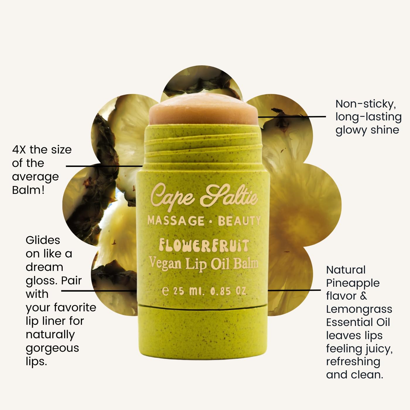 Cape Saltie · Massage Beauty Flowerfruit Vegan Oil Lip Balm in "Dunes of the Cape" — Pineapple & Lemongrass (0.85 oz, Jumbo Size Sparkling Balm) | Nourish, Moisturize | Infused with Natural Fruit Oil