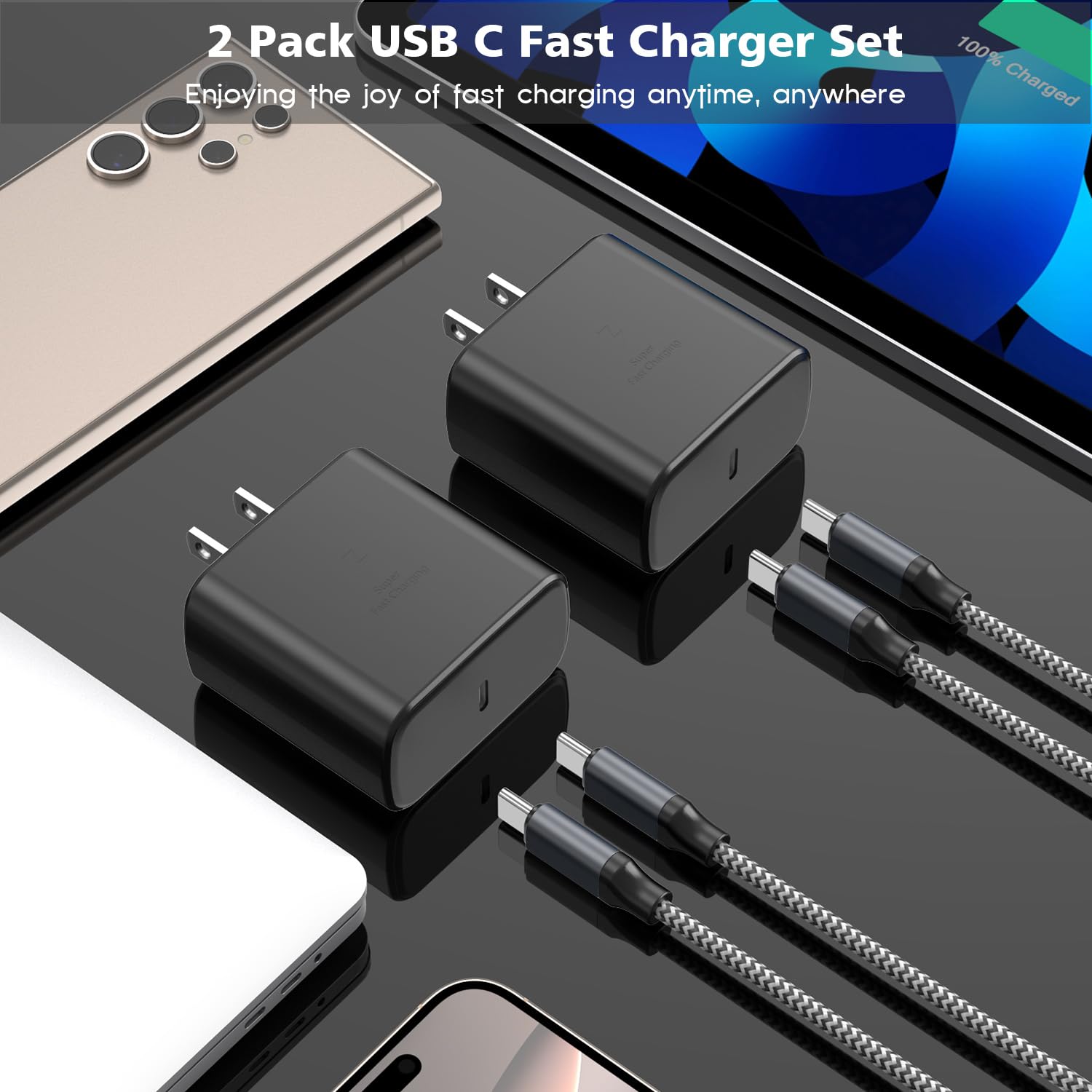 Confezione da 2 cavi di ricarica super veloci Samsung da 45 W, tipo C, 3 m, con USB C e caricabatterie Samsung, 3 m, cavo USB C-C per Sam sung Galaxy S25/S24+/Ultra/S22/S21/S20, iPhone17 Air/16/15 Pro